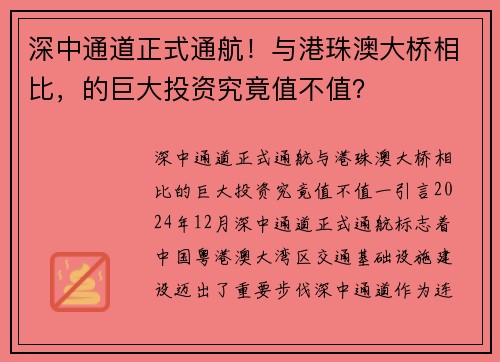 深中通道正式通航！与港珠澳大桥相比，的巨大投资究竟值不值？